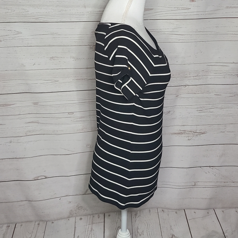 Whbm Square Neck Fitted Striped Button Short Slee… - image 2